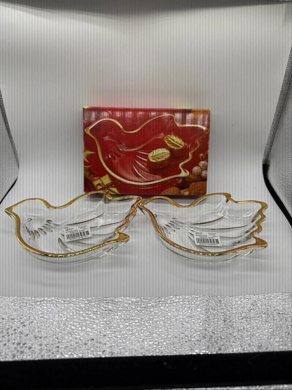 NWT Vintage Mikasa Clear Glass Dove Dishes with Gold Trim - Set of 2